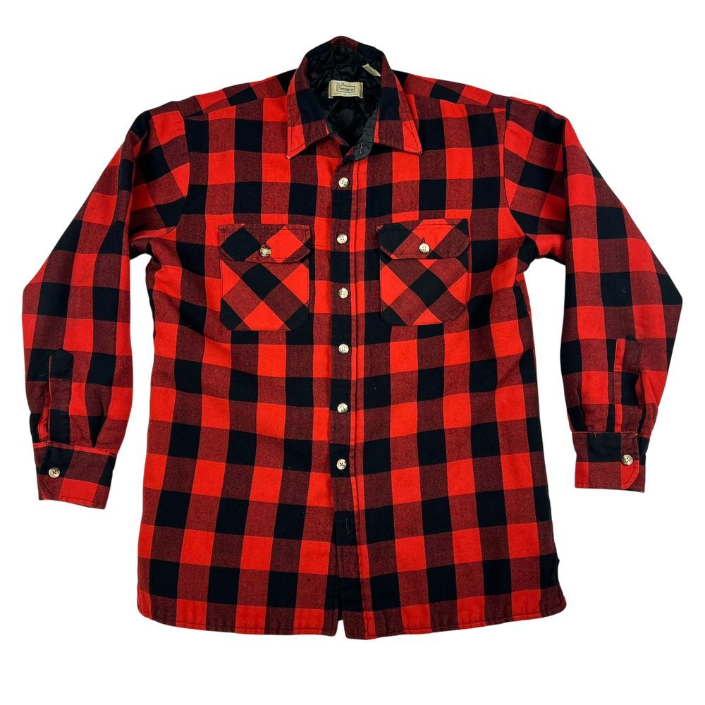 Vintage Sears Jacket‎ Mens Medium Tall Quilted Flannel Buffalo Plaid Shacket 80s
